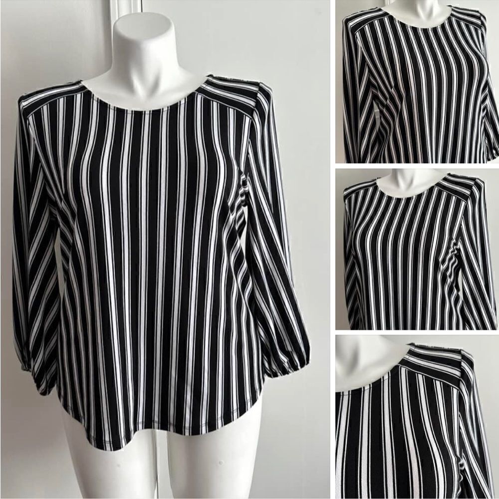 Black and White Striped Blouse, Size L, Adrianna Papell